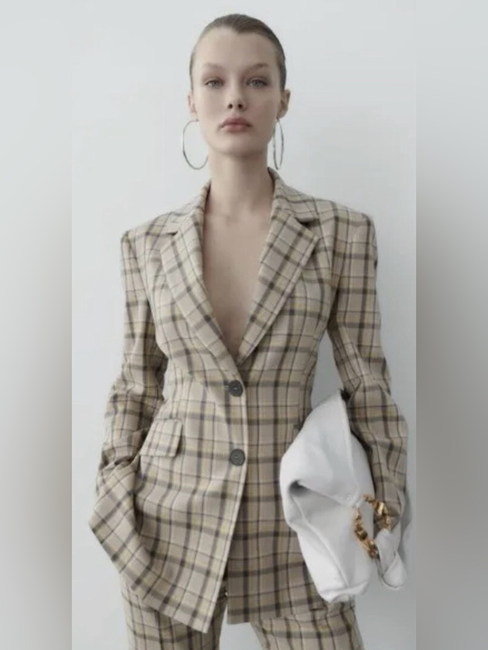 New Zara tailored “Check” Beige Plaid Blazer S
